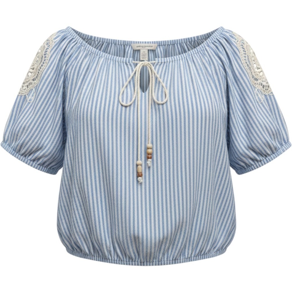 VTG Y2K Passport Cotton Peasant Top Size L Blue/Wht Balloon Sleeve Crochet EUC